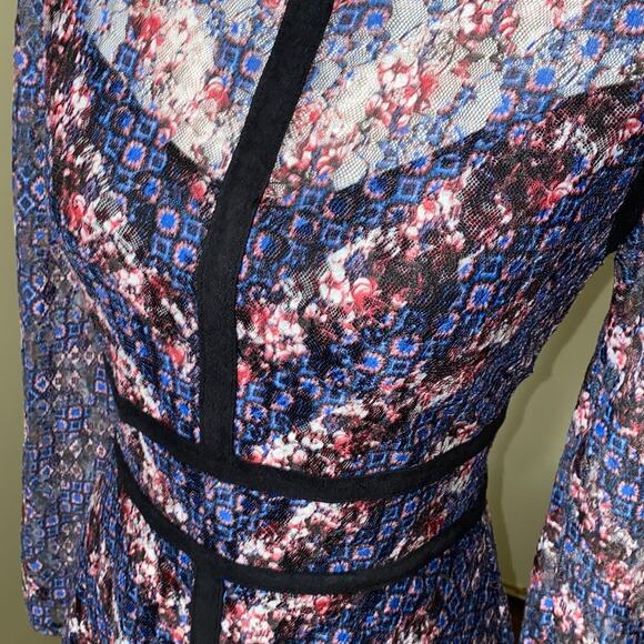 Floral Navy Sheer Long Sleeve Dress Knee Length Piping SZ Small Gothic Ruffle - Picture 2 of 14